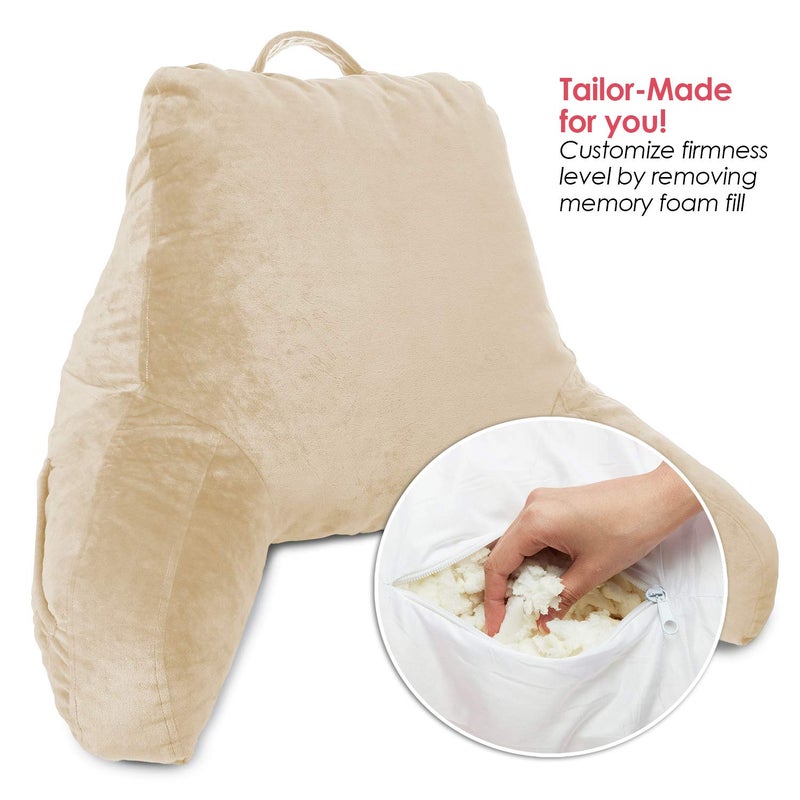 Clara Clark Reading Pillow, Back Rest Pillow for Sitting in Bed with Arms for Kids & Adults - Premium Shredded Memory Foam TV Sit Up Pillow - Medium, Cream - Image 2
